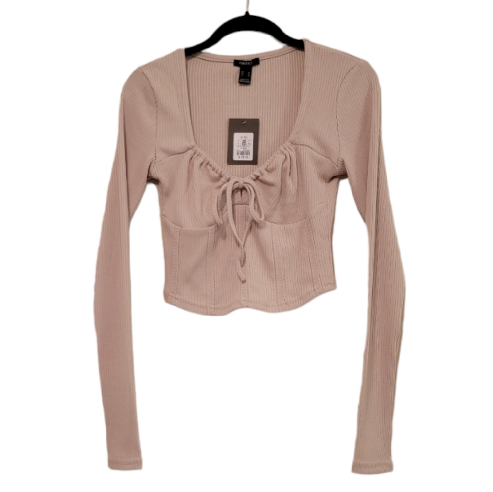 Beige Forever 21 Women's Ruched Tie Front Crop Top